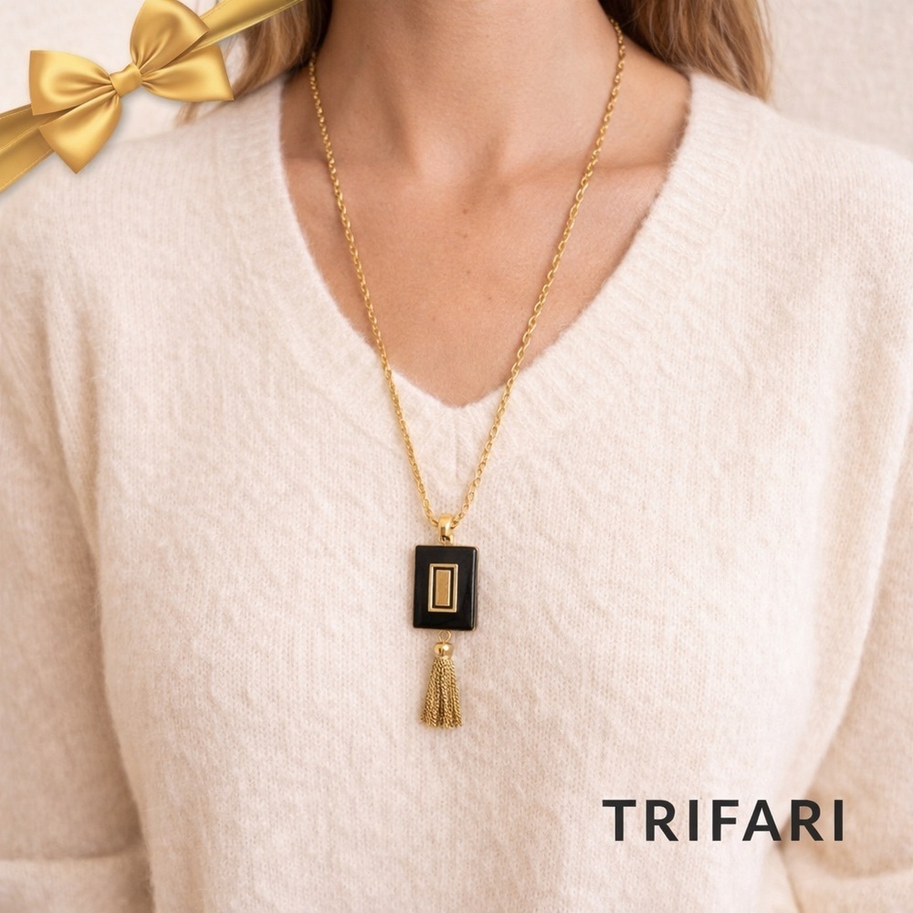 Trifari Vintage Gold-Tone & Black Enamel Tassel Pendant Necklace 28” Signed